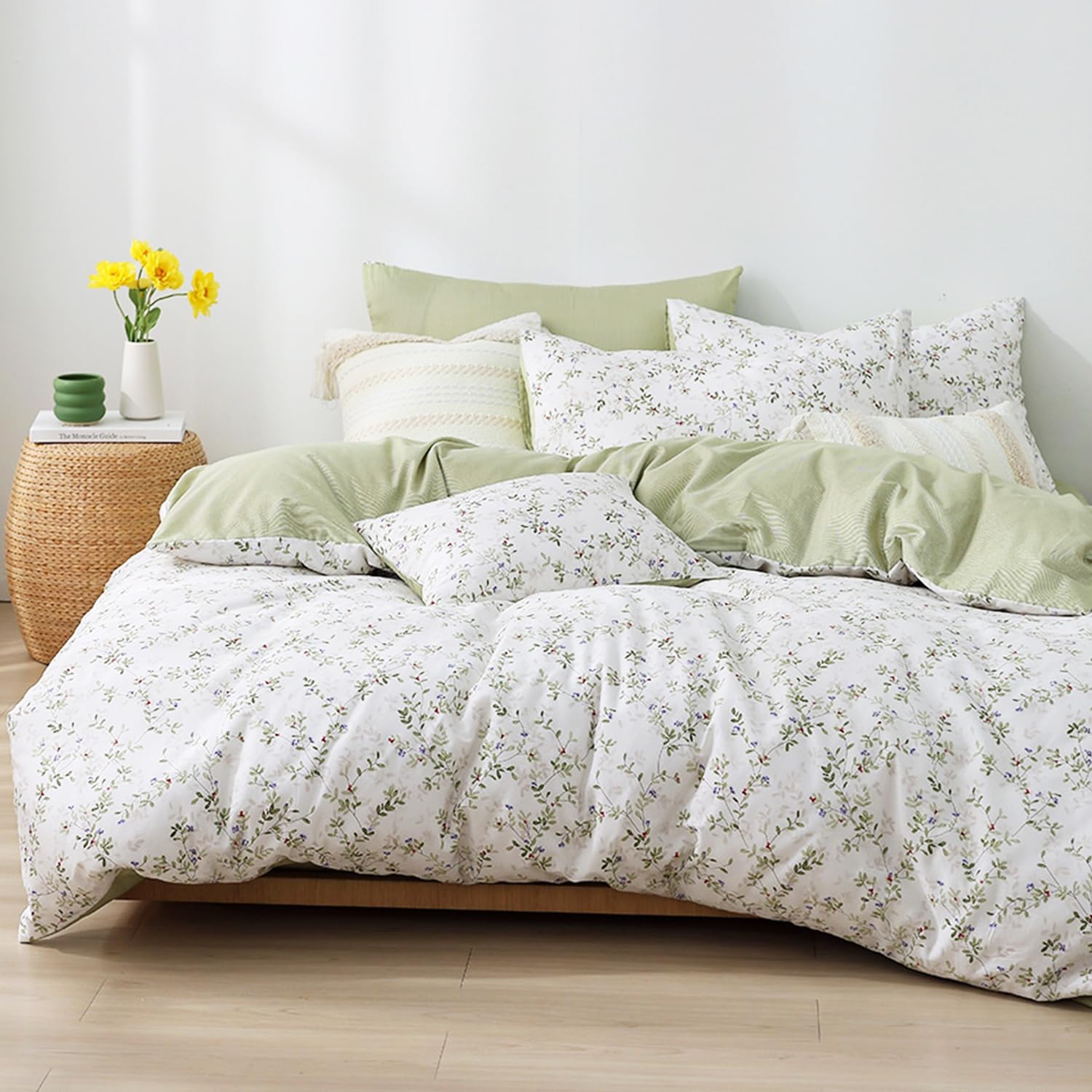 Lemiroe Botanical Cotton Comforter Queen Size - Tender Green Comforter Printed With Leafy Branches & Purple Stamens On Off-White